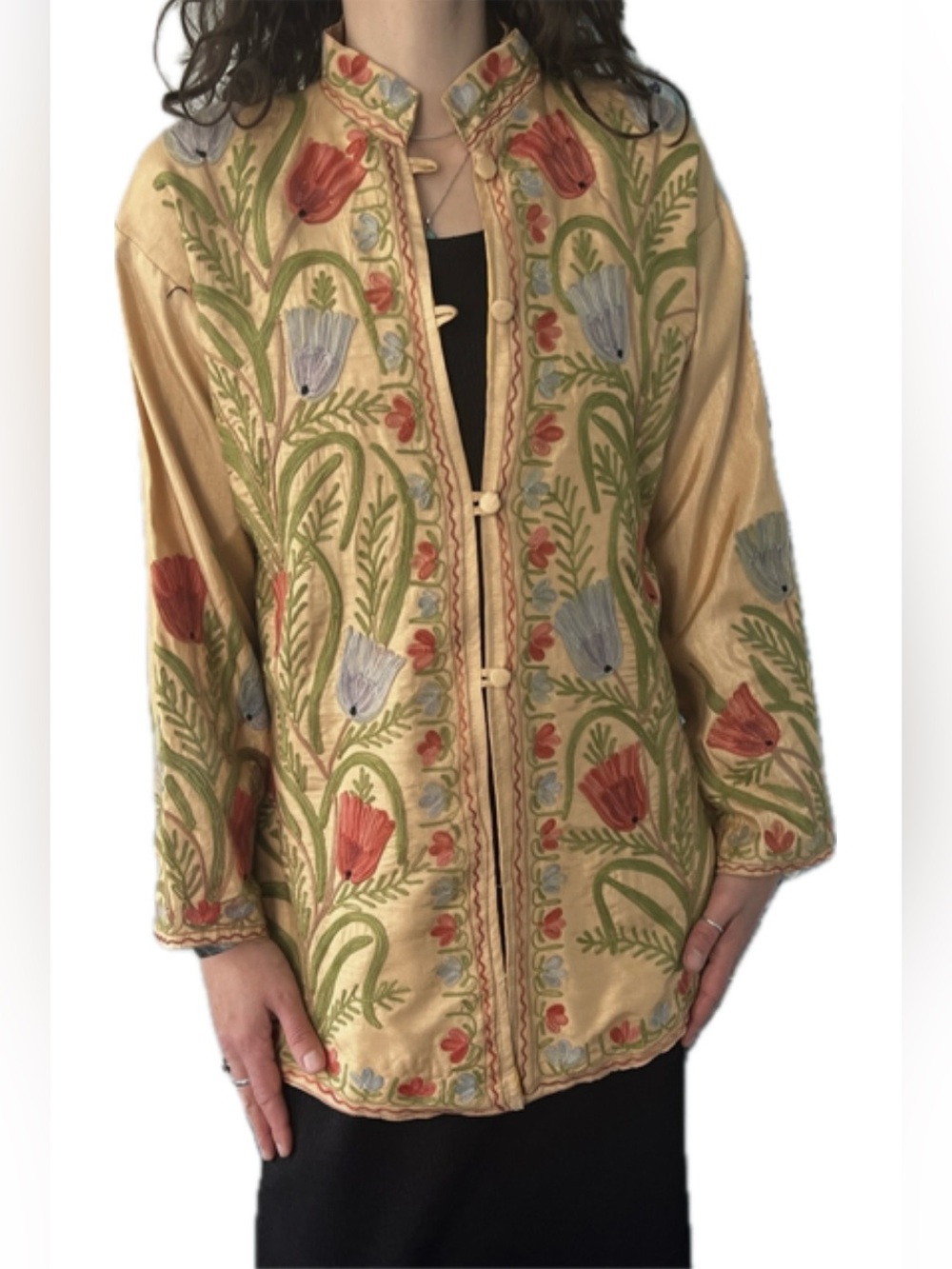 Soft Yellow Embroidered Long Tunic • Raw Silk Look & Feel • Red Blue Poppies